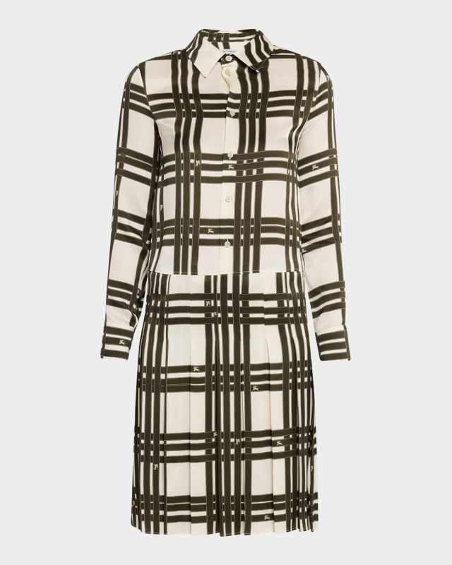 Check Silk Long-Sleeve Pleated Shirtdress